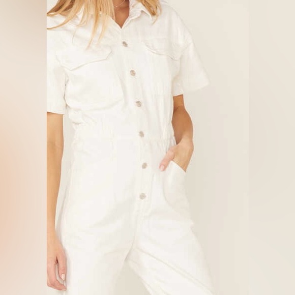 Free People 80s Style White Marci Utility Coveralls Denim Jean Jumpsuit - Picture 9 of 16